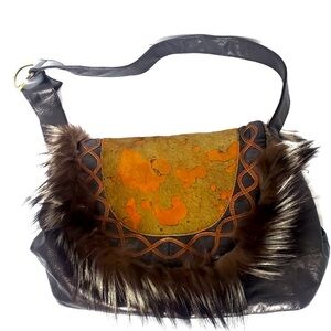 Bohemian vintage leather and fur shoulder bag